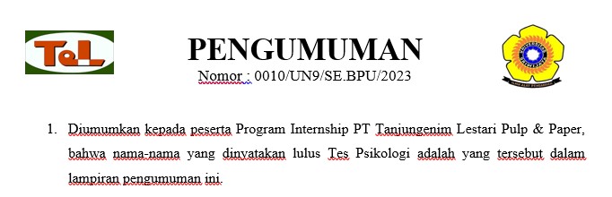 PENGUMUMAN : Hasil Tes Psikologi (Tertulis dan wawancara) TEL PP's WARRIOR 2023 - ONE YEAR INTERNSHI